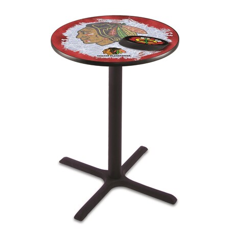 Holland Bar Stool Co 36" Blk Wrinkle Chicago Blackhawks Pub Table, 28" dia. Top L211B3628ChiHwk-R-D2